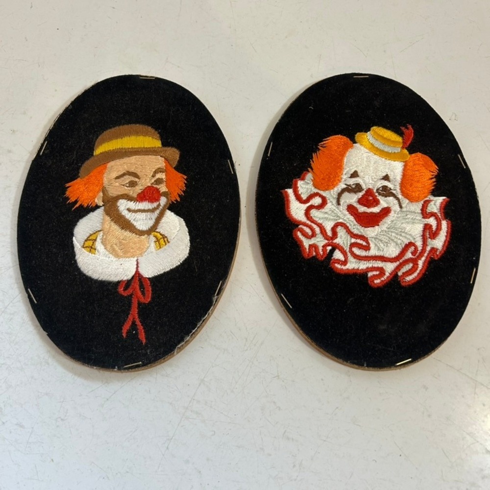Vintage Embroidered Clown Portraits Black Velvet Oval Wood Mounted Pair 7.5in